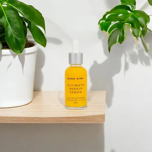 Image of NUDE KIWI Ultimate Repair Serum - Sea Buckthorn, Bakuchoil & Yuzu 30ml on shelf